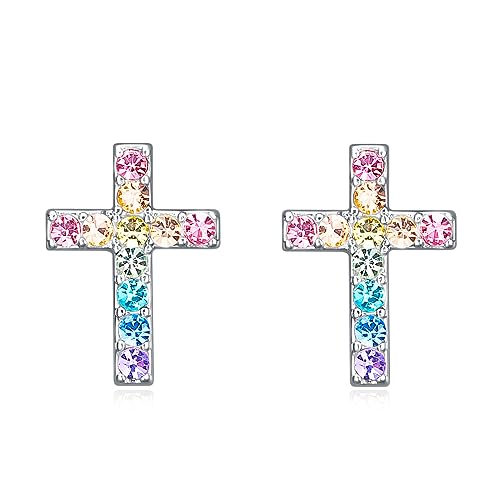 Cross Stud Earrings for Women,Initial Letter Cross Earrings Gifts Jewelry for Women - color: Stud Rainbow Cross