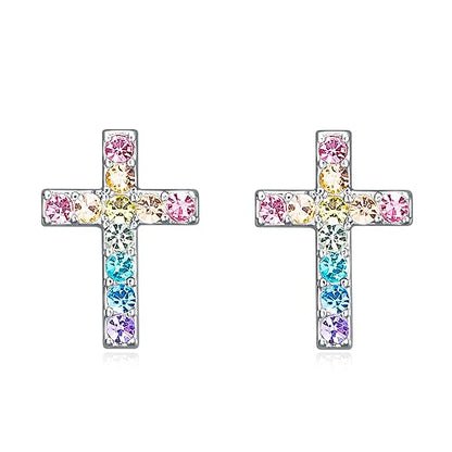 Cross Stud Earrings for Women,Initial Letter Cross Earrings Gifts Jewelry for Women - color: Stud Rainbow Cross