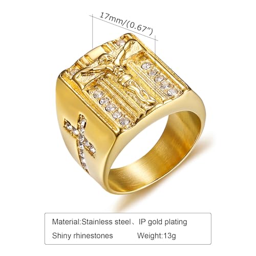 Christian Couple Signet Rings Set: Square Jesus (Men) & Oval Virgin Mary (Women), Stainless Steel Gold Plated with Side CZ Cross, Rhinestone Religious Rings - color: Jesus