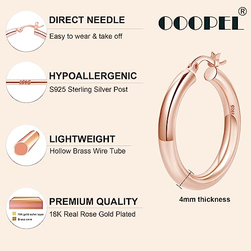 4mm Thick Gold Chunky Earrings Steling Silver Post Hoops Earrings For Women Hollow Tube Hoops Earrings Thick Gold Hoop Earrings Hypoallergenic Lightweight Gold Hoop Large Earrings 20/30/40/50/60MM - color: Rose gold,30mm