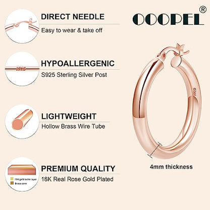 4mm Thick Gold Chunky Earrings Steling Silver Post Hoops Earrings For Women Hollow Tube Hoops Earrings Thick Gold Hoop Earrings Hypoallergenic Lightweight Gold Hoop Large Earrings 20/30/40/50/60MM - color: Rose gold,30mm