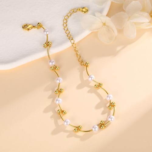 Gold Pearl Bracelet for Women, 18K Gold Plated Dainty Pearls Beaded Chain Bracelet Jewelry Gifts for Women - color: C-Gold 3