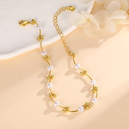 Gold Pearl Bracelet for Women, 18K Gold Plated Dainty Pearls Beaded Chain Bracelet Jewelry Gifts for Women - color: C-Gold 3