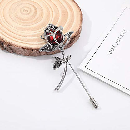 Rhinestone Rose Flower Brooch.Crystal Lapel Pin Brooch, Classy Flowers Tie Pin for Women Men Boutonniere Suit Pins - color: Red