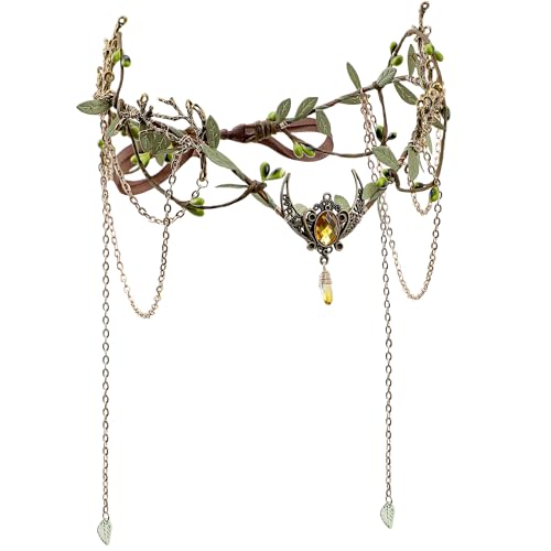 MOSTORY Woodland Elf Crown for Women - Medieval Elf Headpiece with Tassel for Renaissance Renfaire Fae Cosplay Viking Outfit - color: Gold-green
