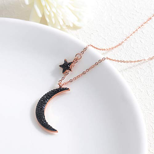 Black Crystal Cubic Zirconia Star Moon Crescent Pendant Necklace for Women | Rose Gold Plated Stainless Steel Crescent Moon Jewelry