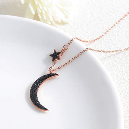 Black Crystal Cubic Zirconia Star Moon Crescent Pendant Necklace for Women | Rose Gold Plated Stainless Steel Crescent Moon Jewelry
