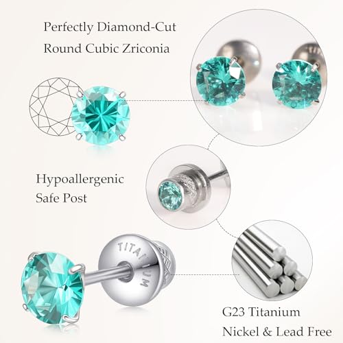 Limerencia Birthstone Screw Back Earrings G23 Implant Grade Titanium Stud Earrings Hypoallergenic Cubic Zirconia Posts Studs Jewelry Gifts for Girls Sensitive Ears - color: October