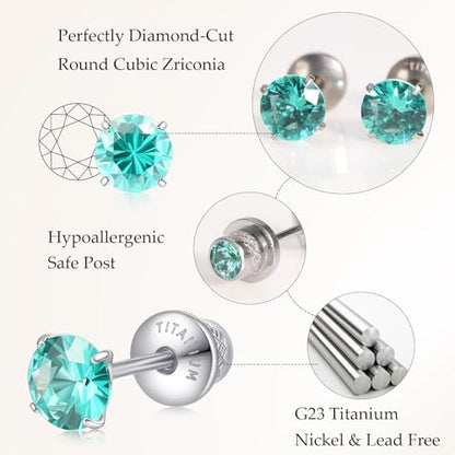 Limerencia Birthstone Screw Back Earrings G23 Implant Grade Titanium Stud Earrings Hypoallergenic Cubic Zirconia Posts Studs Jewelry Gifts for Girls Sensitive Ears - color: October