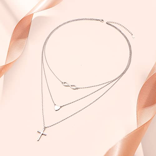925 Sterling Silver Multilayer Layered Triple Long Chain Necklace for Women - style: Heart Cross Infinity