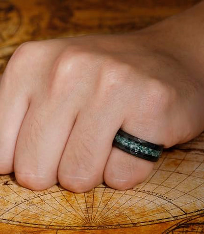 8mm Black Tungsten Mens Wedding Band with Moss Agate/Emerald/Citrine | Amethyst/Aquamarine, Gothic, Birthstone, Hammered, Engagement Promise Ring, Anniversary Valentine Day Birthday Gift for Him - style: Green Moss Agate