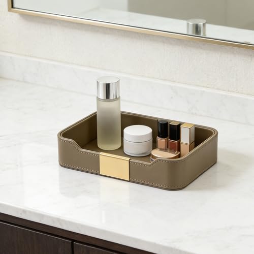 Luxury Leather Valet Tray Desktop Storage Organizer,Bedside Vanity Catchall Tray Nightstand Caddy Holder for Cosmetic,Jewelry,Watch,Keys,Phone,Wallet,Remote Controller,Pen,Olive Green - color: Olive Green