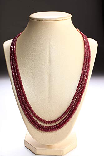 AAA Natural Ruby Gemstones 3-4.5mm Multi Strand, 3 Line Layer Gemstone Rondelle Necklace 20" Plus 9" Adjustable Thread. 270Ct
