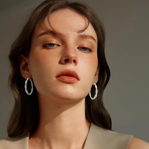 OGD Teardrop Hoop Earrings for Women 14K Gold Plated Large Chunky Oval Pull Through Hoop Earrings Statement Jewelry Gift for Women Hypoallergenic - color: Twisted Hoop-Silver38mm