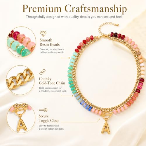 Colorful Beaded Bubble Letter Necklace For Women, Boho Double Layer Dopamine Rainbow Resin Beads Thick Cuban Chain Chunky With Initials Pendant Necklaces Summer Beach Jewelry Gift ﻿ - color: Dop M