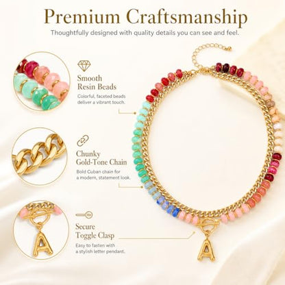 Colorful Beaded Bubble Letter Necklace For Women, Boho Double Layer Dopamine Rainbow Resin Beads Thick Cuban Chain Chunky With Initials Pendant Necklaces Summer Beach Jewelry Gift ﻿ - color: Dop M