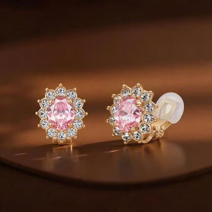 EVEVIC Oval Austrian Crystal Halo Clip On Earrings for Women | Oval Austrian Crystal with Zircon Halo,14K Gold-Plated,Silicone Comfort Pad,Gift Box Included,For Daily and Evening Events - color: Pink