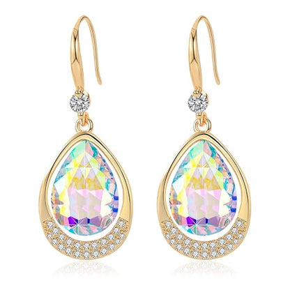 Austrian Crystal Halo Teardrop Hollow Drop Dangle Earrings for Women 14K Rose Gold Plated Hypoallergenic Jewelry Gifts - color: Aurora Borealis