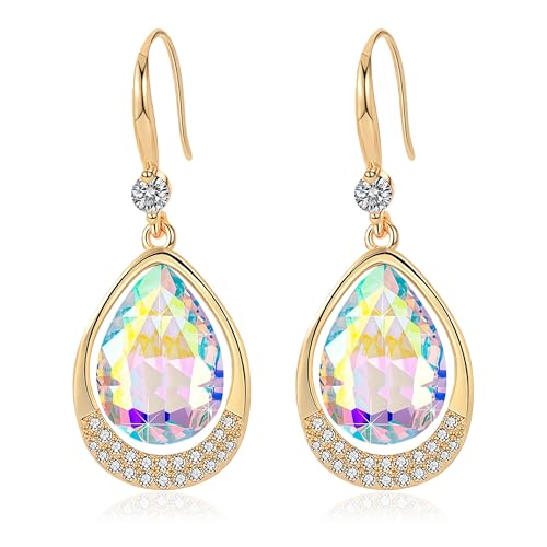 Austrian Crystal Halo Teardrop Hollow Drop Dangle Earrings for Women 14K Rose Gold Plated Hypoallergenic Jewelry Gifts - color: Aurora Borealis