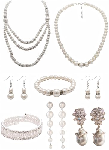 Pearl Necklace Set - Faux Pearl Earrings and Bracelets Jewelry Set for Women Wedding Bridal Shower Tea Party Accessories - style: 8pcs-silver