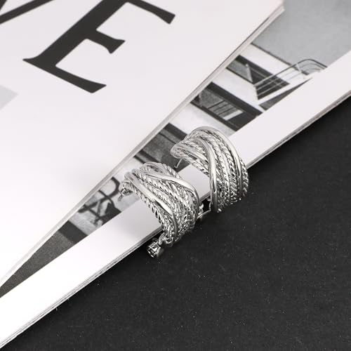 Mytys Two Tone Huggie Hoop Earrings Cross Over Design Twisted Rope Silver Gold Statement Wide Band Clip On Hoops for Women Fashion Jewelry Gift - color: Silver