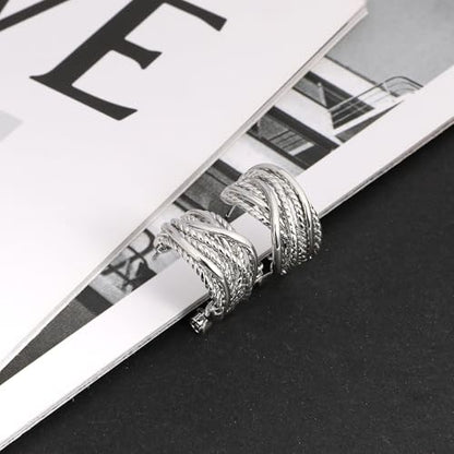 Mytys Two Tone Huggie Hoop Earrings Cross Over Design Twisted Rope Silver Gold Statement Wide Band Clip On Hoops for Women Fashion Jewelry Gift - color: Silver