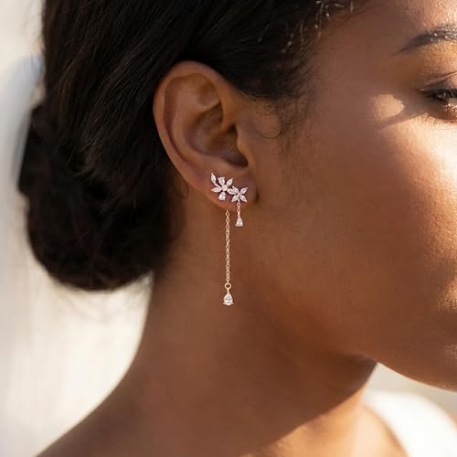 SLUYNZ 925 Sterling Silver Dainty CZ Flowers Wrap Earrings Dangle Chain for Women Elegant Dangling Earrings Bridal Earrings Wedding Engagement Drop Earrings Prom Engagement Party Jewelry - color: B-Rose Gold Plated