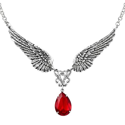 coadipress Vintage Gothic Angel Wing Necklace for Women Antique Silver Teardrop Crystal Pendant Necklace Retro Punk Statement Necklace Halloween Jewelry Gift - color: Silver Black Waterdrop