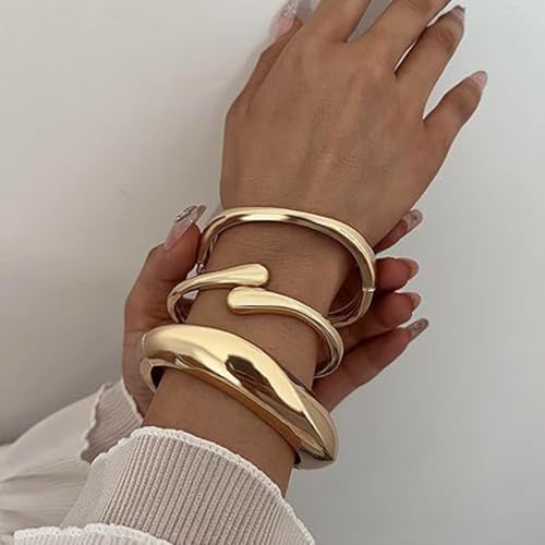 IFKM Gold Chain Bracelets Set for Women, 14K Gold Plated Multiple Layered Stackable Open Cuff Bangle Bracelet Anklet Bracelets Adjustable Link Tennis Beads Italian Cuban Jewelry for Women Gift - style: 3pcs Chunky Gold 1