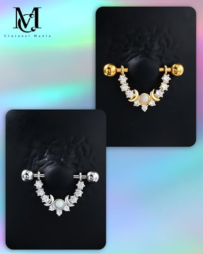 CM Crareesi Mania Opal Nipple Rings 316L Stainless Steel Nipple Shield Ring for Women 14G Moon Phase Nipple Piercing Jewelry - color: Gold-Double Moon