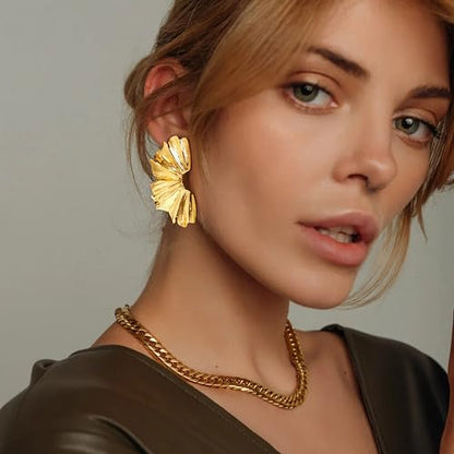 Gold Clip On Earrings for Women Trendy Non Piercing Flower Dangle Earrings Floral Earring 14K Gold Plated Lightweight Earrings for Non-Pierced Ears Fake Earrings Set - style: Leaf