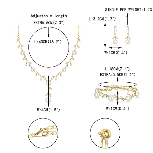 EVER FAITH Cubic Zirconia Pearl Leaf Vine Wedding Jewelry Set for Bride | Crystal Filigree Bridal Necklace Earrings, for Women Bridesmaid - color: 3pcs_Clear Gold-Plated-Brass