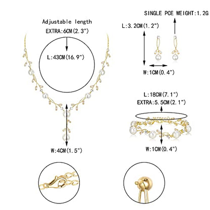 EVER FAITH Cubic Zirconia Pearl Leaf Vine Wedding Jewelry Set for Bride | Crystal Filigree Bridal Necklace Earrings, for Women Bridesmaid - color: 3pcs_Clear Gold-Plated-Brass