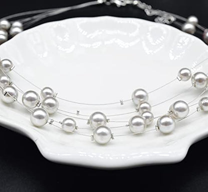 FULU AUTUMN Layered Pearl Necklace Multi-strand Pearl Choker Necklaces for Women Beaded jewelry for Wedding Parties - color: Grey