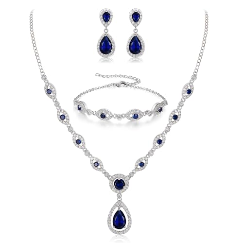 BriLove Wedding Bridal Jewelry Set for Women Cubic Zirconia Teardrop Y-Necklace Link Bracelet Dangle Earrings for Party Prom Accessories - color: Sapphire Color Silver-Tone