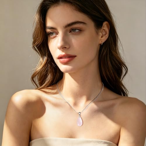 Natural Stone Teardrop Pendant Necklace, Birthstone Water Drop Gemstone Necklace with Stainless Steel Chain for Women - color: Rose Quartz