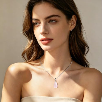 Natural Stone Teardrop Pendant Necklace, Birthstone Water Drop Gemstone Necklace with Stainless Steel Chain for Women - color: Rose Quartz
