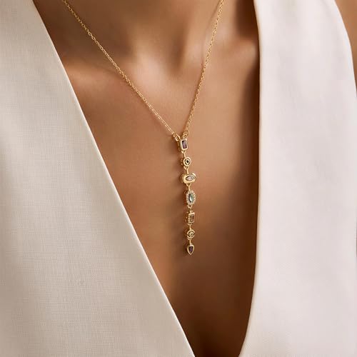 18K Gold Plated Seven Chakra Necklace for Women, Dainty Y Necklace Lariat Drop Pendant, Crystal Healing Yoga Jewelry Gifts - color: Gold