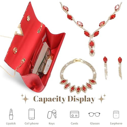 YYW 4 Pieces Women Evening Handbags Clutch Purse Bag with Rhinestone Crystal Jewelry Set for Wedding Party - color: red 1