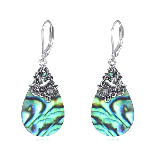 POPLYKE Dragonfly Butterfly Hummingbird Sunflower Earrings 925 Sterling Silver Abalone Shell Moonstone Leverback Earrings Jewelry - style: Hummingbird 2