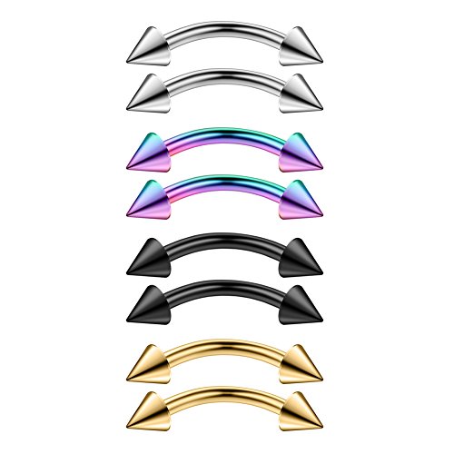 8PCS Assorted Colors Stainless Steel Body Jewelry Ball Eyebrow Ear Navel Belly Lip Piercing Bar Ring 16G 8mm - style: Eyebow Ring with Spikes