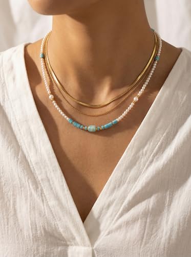 Pearl Necklace for Women Paperclip Chain Chunky Gold Necklace, Freshwater Cultured Pearls Trendy Link Chain 18K Gold Plated Dainty Pearl Choker - color: Pearl&Blue Stone