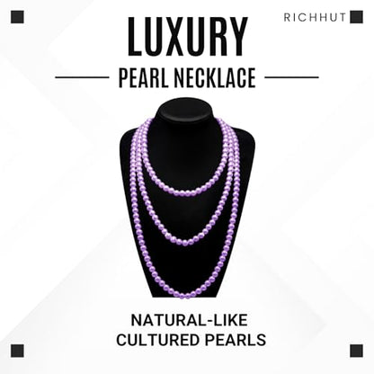 Women's Long Pearl Necklace - Natural Cultured Pearls - Luxurious 8mm Strand Pearls - 1920s Timeless Elegance - Great for Wives, Girlfriends, Sisters, and Besties - Length 60In/71In - color: Royal Violet, size: 60In