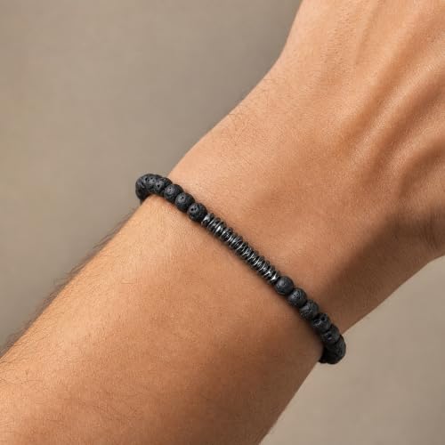 Beaded Bracelet with Natural Stone and Hematite Accents, Handmade Boho Wrist Jewelry for Women Men, Everyday Accessory - color: Black