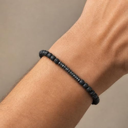 Beaded Bracelet with Natural Stone and Hematite Accents, Handmade Boho Wrist Jewelry for Women Men, Everyday Accessory - color: Black