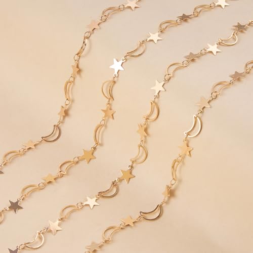 Jabogrii 5 Meters Star Moon Jewelry Making Chains Gold Plated Brass Chain | DIY Jewelry Making Supplies Necklace Bracelet Craft Chain Roll for Jewelry Making - color: Moon Gold