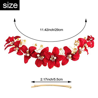 DonLeeving Bridal Red Crystal Headband Princess Flower Hair Vine Headpiece Pearl Wedding Queen Crowns and Tiaras Bride Floral Red Headband for Women and Girls Halloween Decor