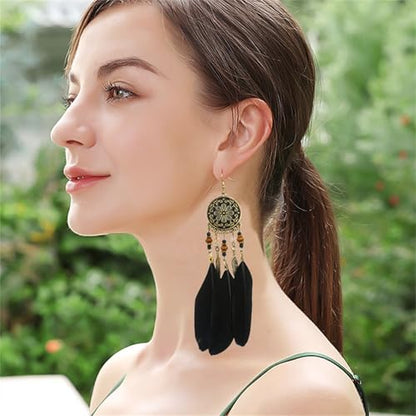 Dreuyet Boho Long Feather Drop Dangle Earrings for Women Retro Bohemian Ethnic Fringe Multicolor Tassel Feather Earring Handmade Statement Dream Catcher Earrings Jewelry - color: Black Round Flower