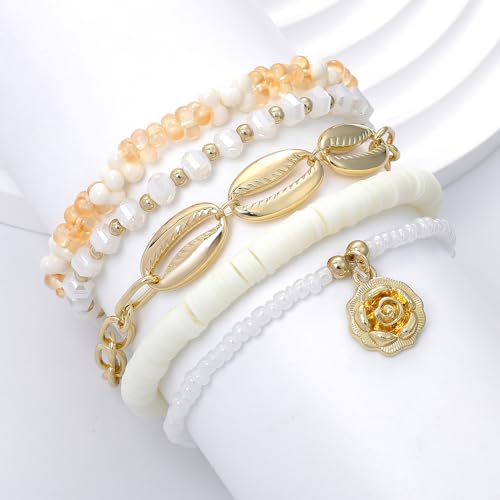 LALAPPLE Shell Bracelet Boho Beaded Stretch Bracelets for Women Seashell Strand Bracelets Starfish Charm Jewelry Summer Beach Jewelry Stackable Crystal Gold Plated Beads Bracelet for Women - style: T-Style9 petal