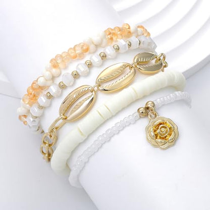 LALAPPLE Shell Bracelet Boho Beaded Stretch Bracelets for Women Seashell Strand Bracelets Starfish Charm Jewelry Summer Beach Jewelry Stackable Crystal Gold Plated Beads Bracelet for Women - style: T-Style9 petal
